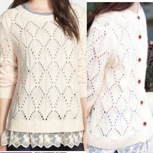 Hinge- Women’s Blush Sweater with Lace Ruffle and Back Button Detail, Size Small